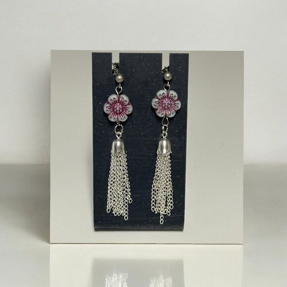 Wild Rose Flower Chain Tassel Earrings Stainless Steel Posts - Picture 1 of 10